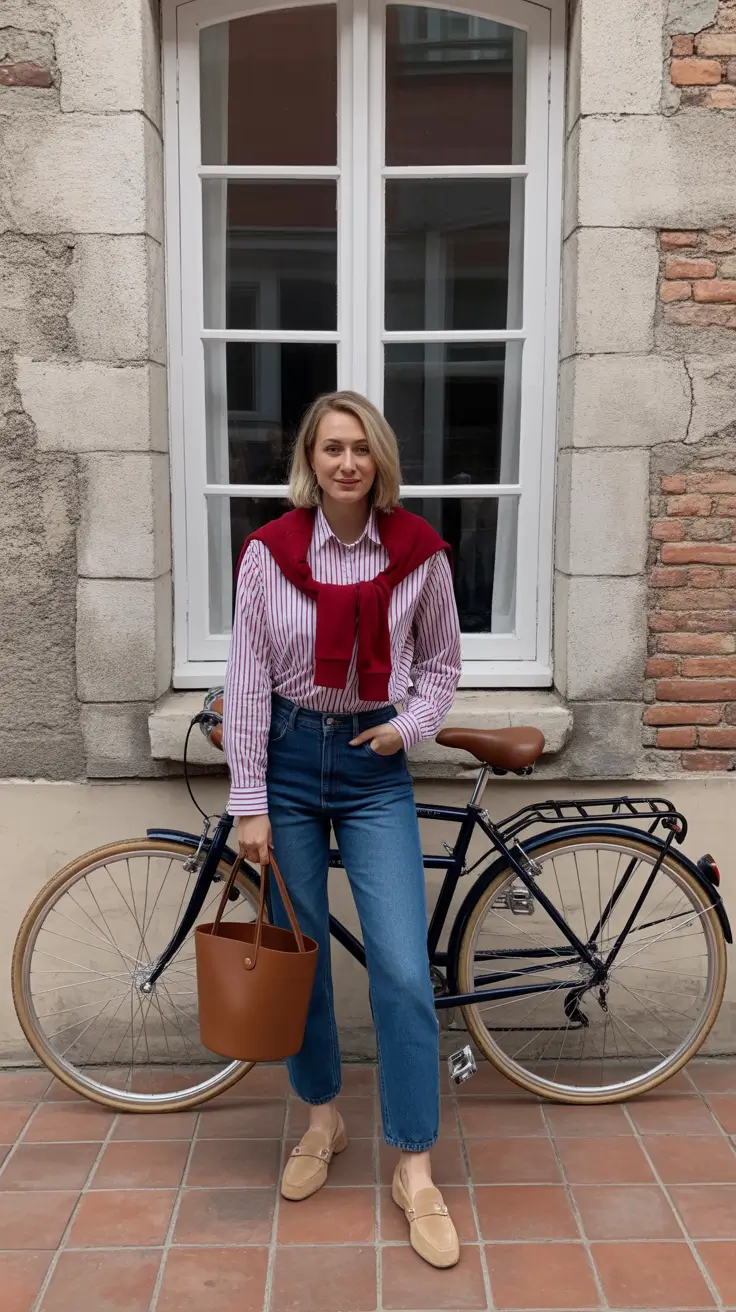 natural spring travel outfits 2026 Classic Stripes and Deep Reds for a European City Stroll