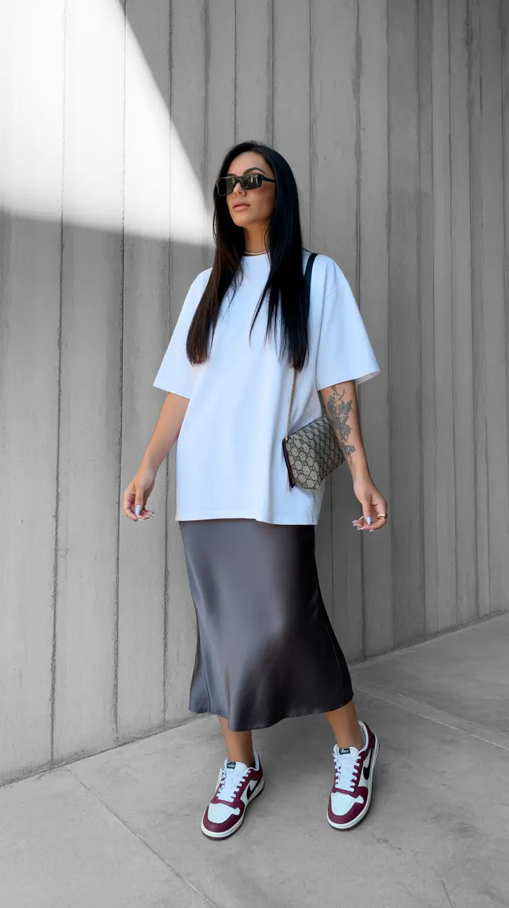 natural spring travel outfits 2026 Urban Satin and Sneakers for Modern Spring City Breaks