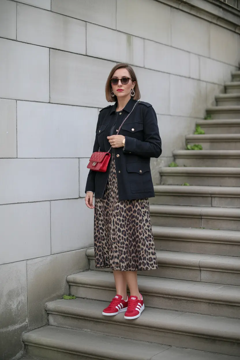 outfit with sneakers spring 2026 Classic Red Sneakers With Elegant Spring Layers