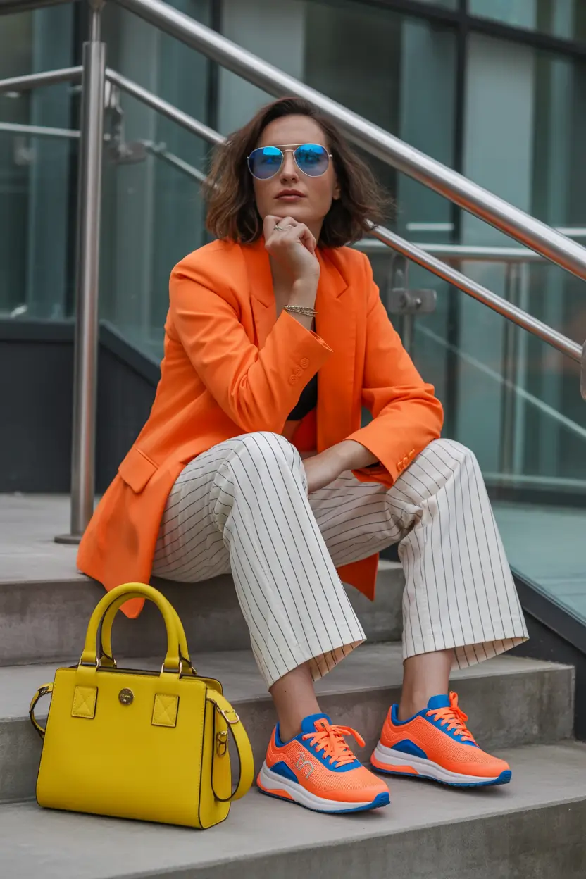 outfit with sneakers spring 2026 Color-Blocked Confidence in Orange and Blue