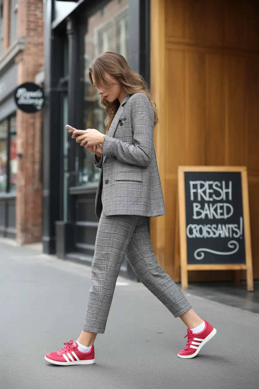 outfit with sneakers spring 2026 Classic Grey Check Suit With a Red Twist