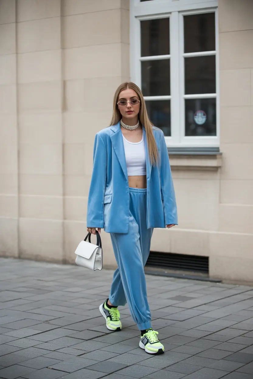 outfit with sneakers spring 2026 Blue Velvet Suiting With Neon Highlights