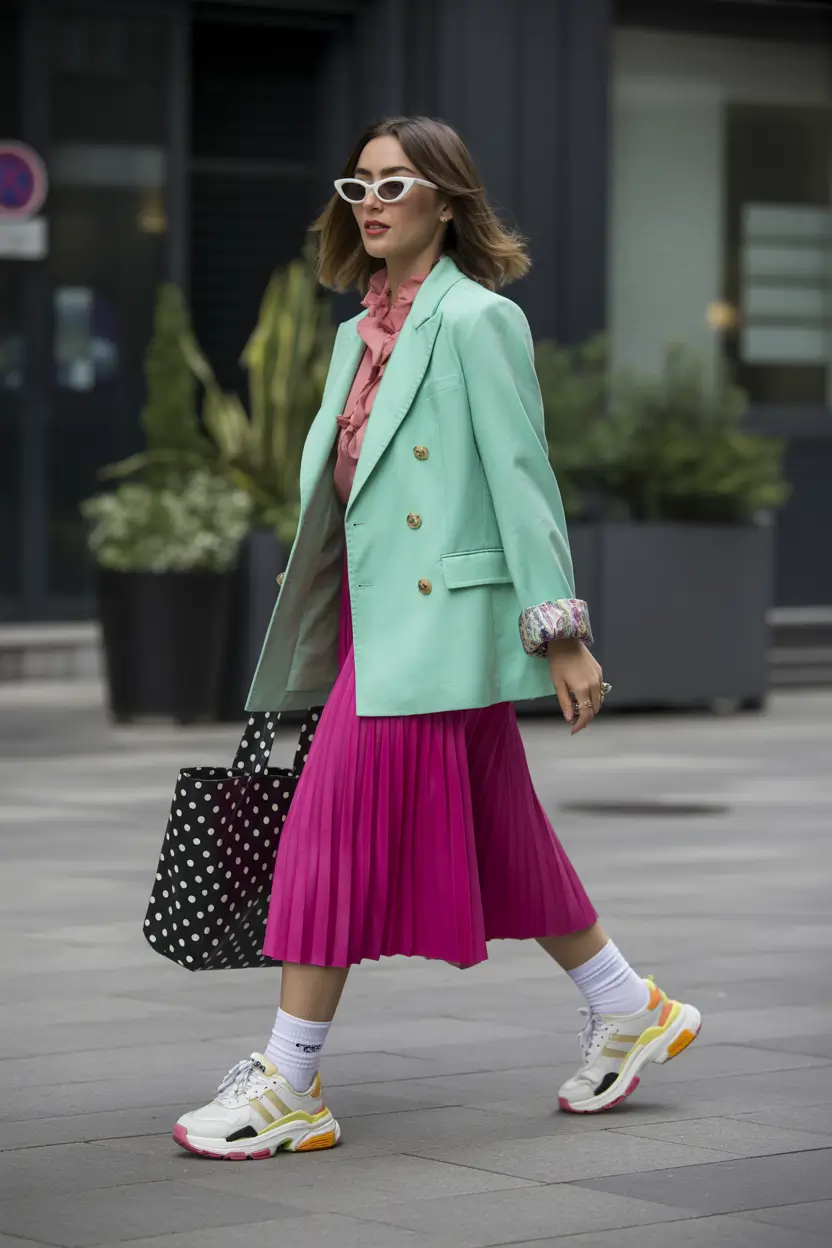 outfit with sneakers spring 2026 Mint Blazer Magic With a Bold Pink Skirt
