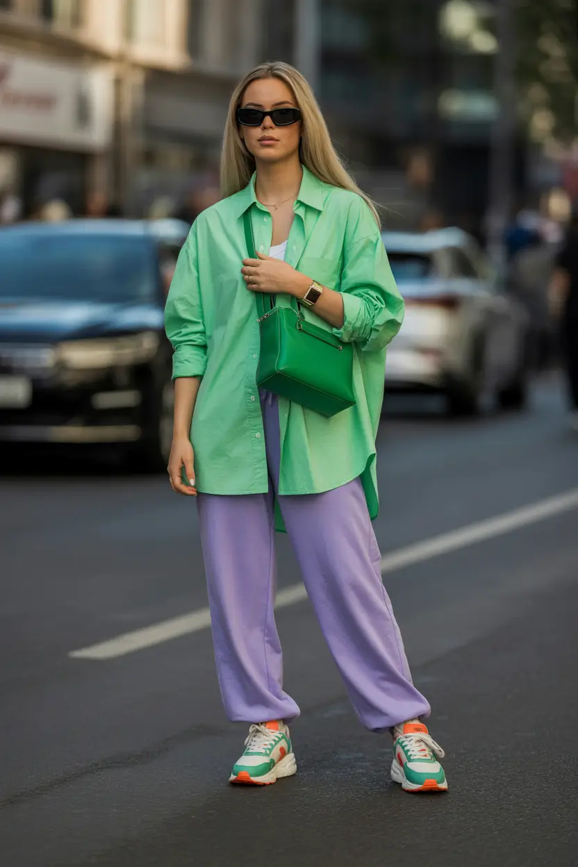 outfit with sneakers spring 2026 Fresh Green and Lavender Street Style With Retro Sneakers