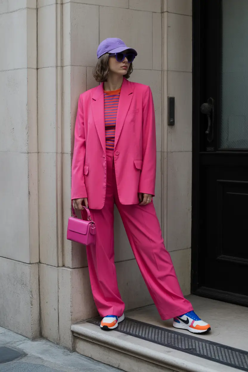 outfit with sneakers spring 2026 Vivid Pink Tailoring With Sporty Multicolor Sneakers