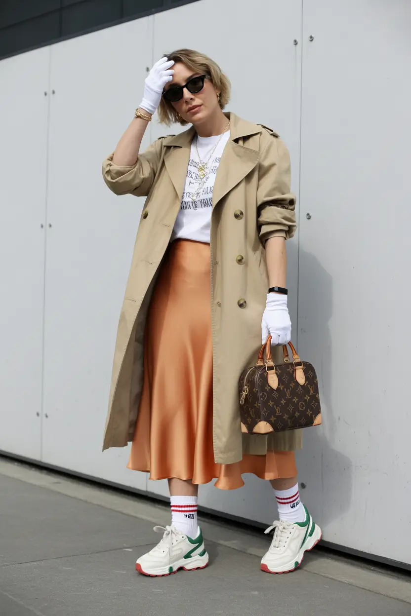 outfit with sneakers spring 2026 Beige Trench Styling With a Satin Skirt and Green Sneakers