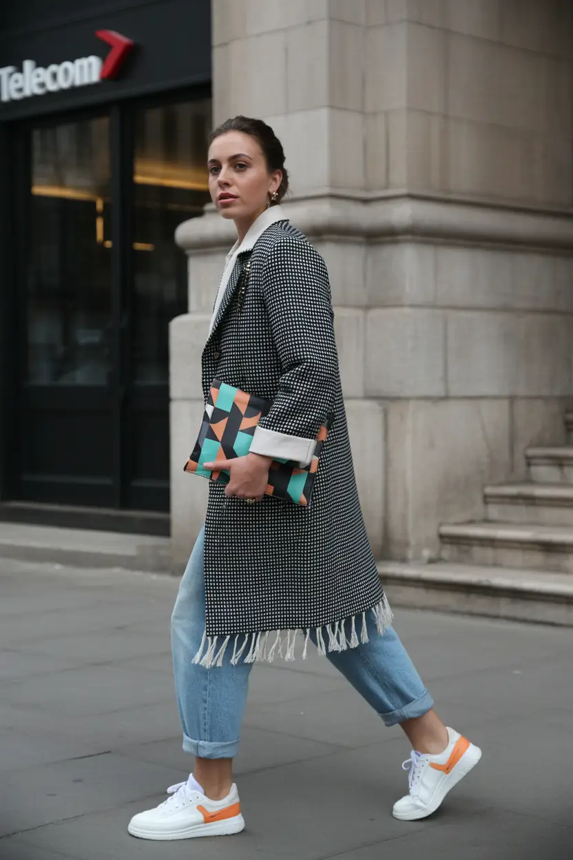 outfit with sneakers spring 2026 Crisp Jeans and Textured Coats With White-and-Orange Sneakers