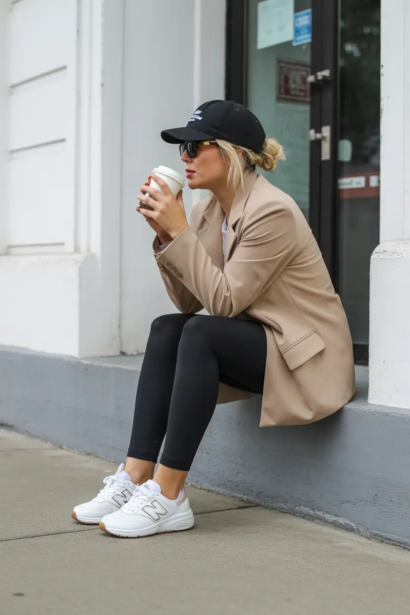 outfit with sneakers spring 2026 Beige Blazer Comfort With Classic White Balance Sneakers