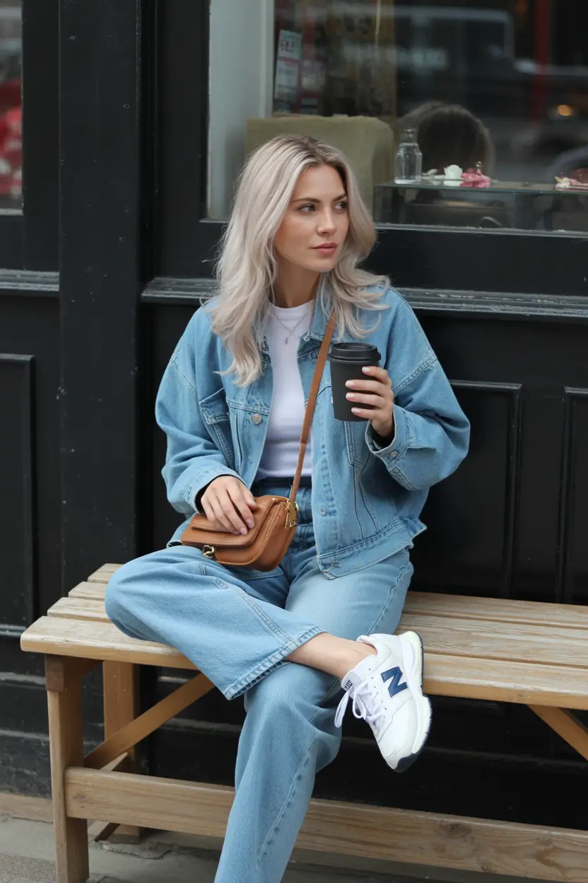 outfit with sneakers spring 2026 All-Denim Ease With Navy-and-White Balance Sneakers