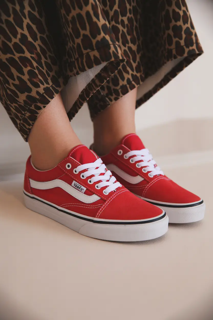 outfit with sneakers spring 2026 Red Canvas Classics With Leopard Flair