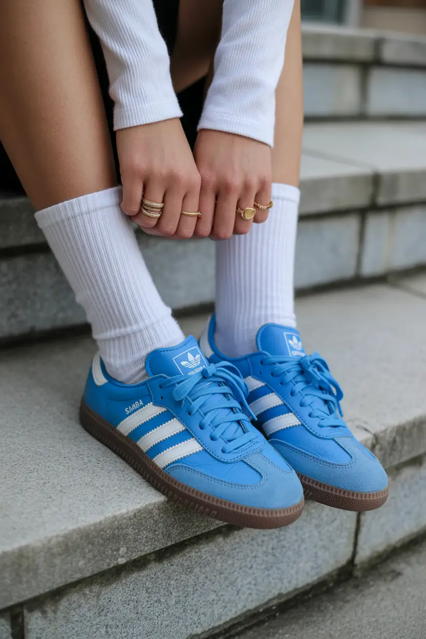 outfit with sneakers spring 2026 Cool Blue Adidas With Minimalist Layers