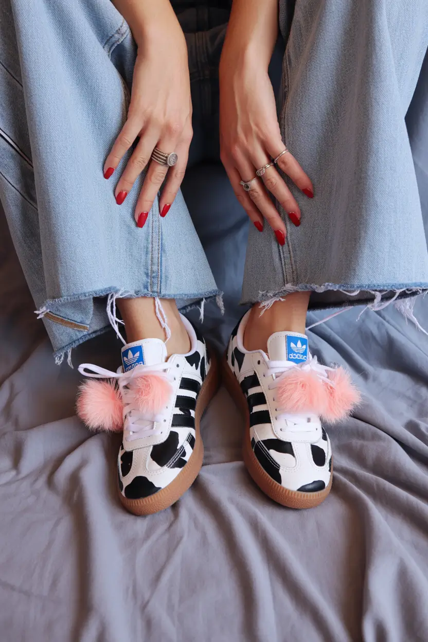 outfit with sneakers spring 2026 Soft Denim and Playful Black-and-White Charm