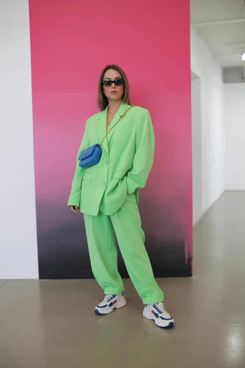 outfit with sneakers spring 2026 Lime-Green Power Suit With Retro Chunky Sneakers