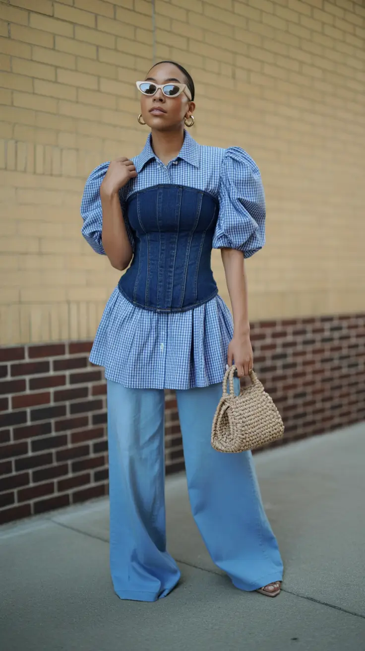 playful spring outfits 2026 trends Soft Blue Layers With a Denim Corset Twist