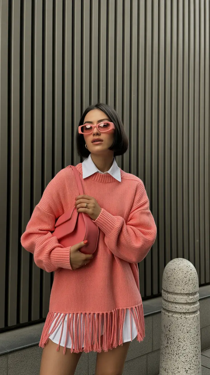 playful spring outfits 2026 trends Coral Knit Fringe With Crisp White Layers