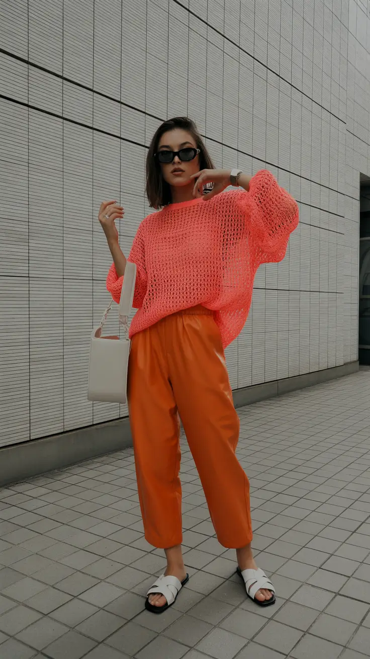 playful spring outfits 2026 trends Neon Mesh Energy With Tangerine Trousers