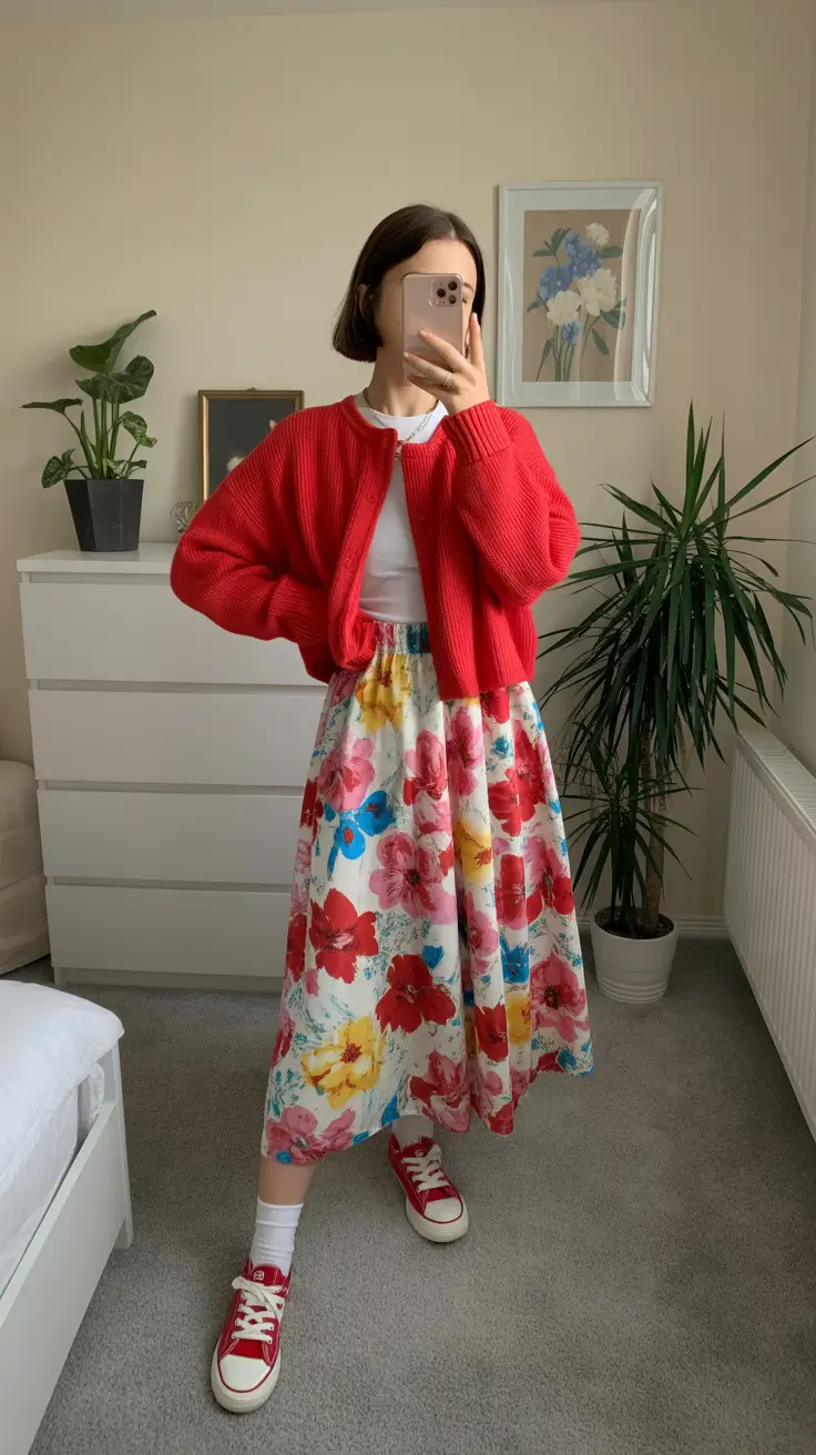 playful spring outfits 2026 trends Bold Florals With Cheerful Reds and Retro Confidence