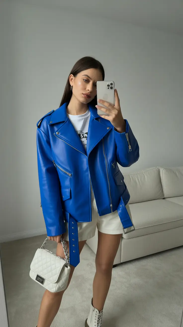 playful spring outfits 2026 trends Electric Blue Moto Jacket With Minimalist Whites