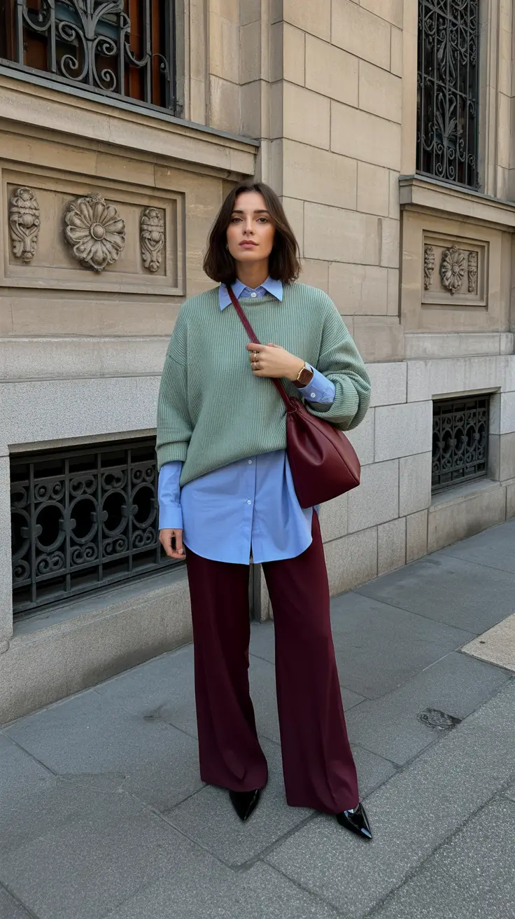 playful spring outfits 2026 trends Mint Knit Ease With Structured Burgundy Tailoring