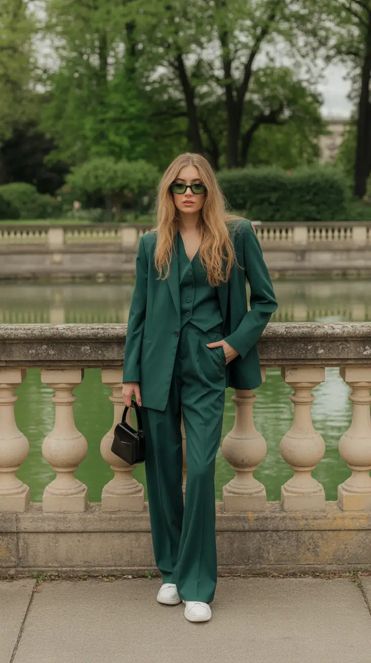 playful spring outfits 2026 trends Deep Emerald Suiting With Relaxed Confidence