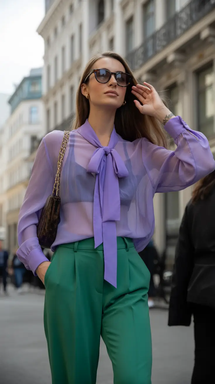 playful spring outfits 2026 trends Sheer Lavender Romance With Tailored Green Contrast