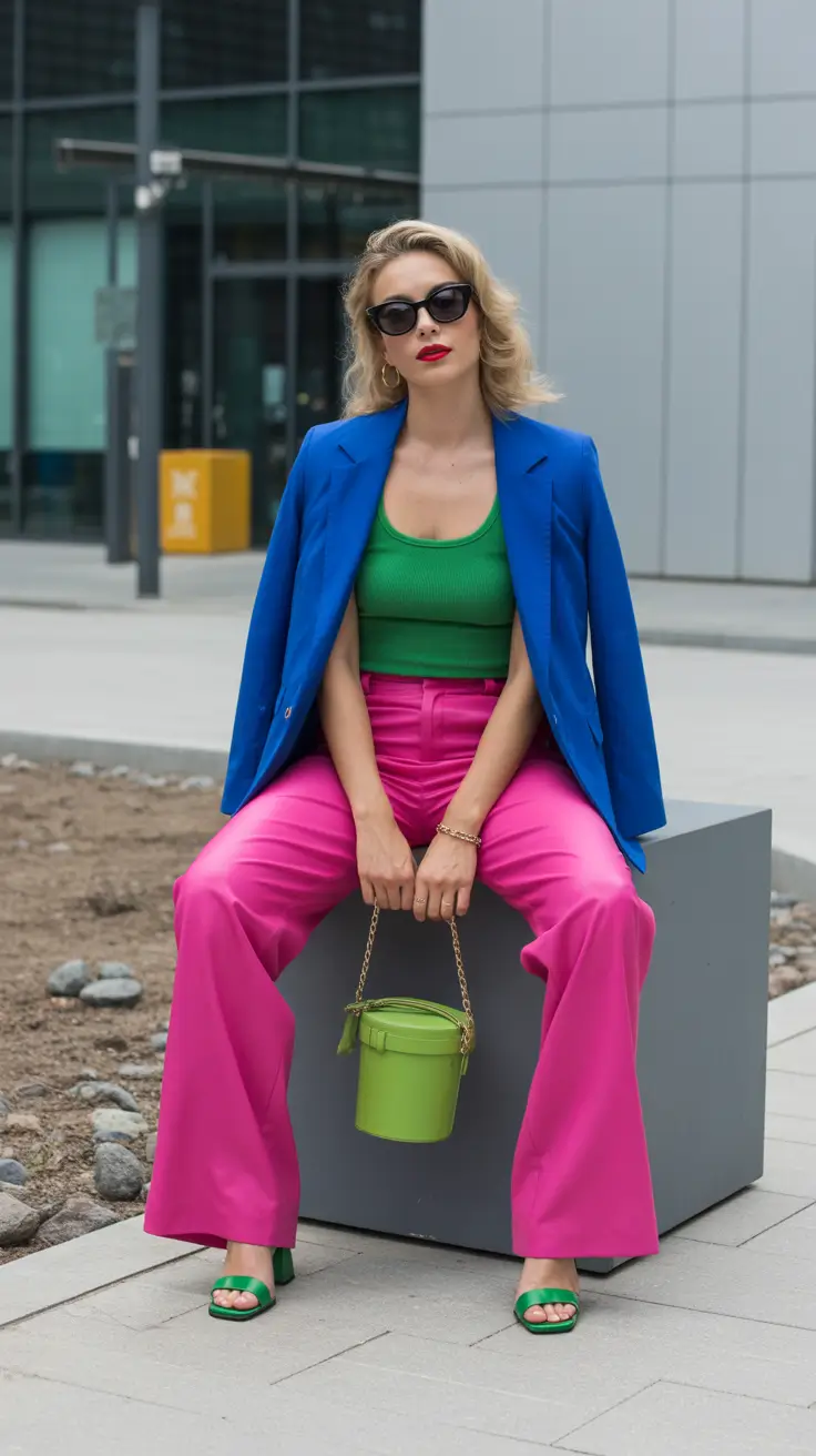 playful spring outfits 2026 trends Color-Block Brilliance With Sapphire, Fuchsia, and Green