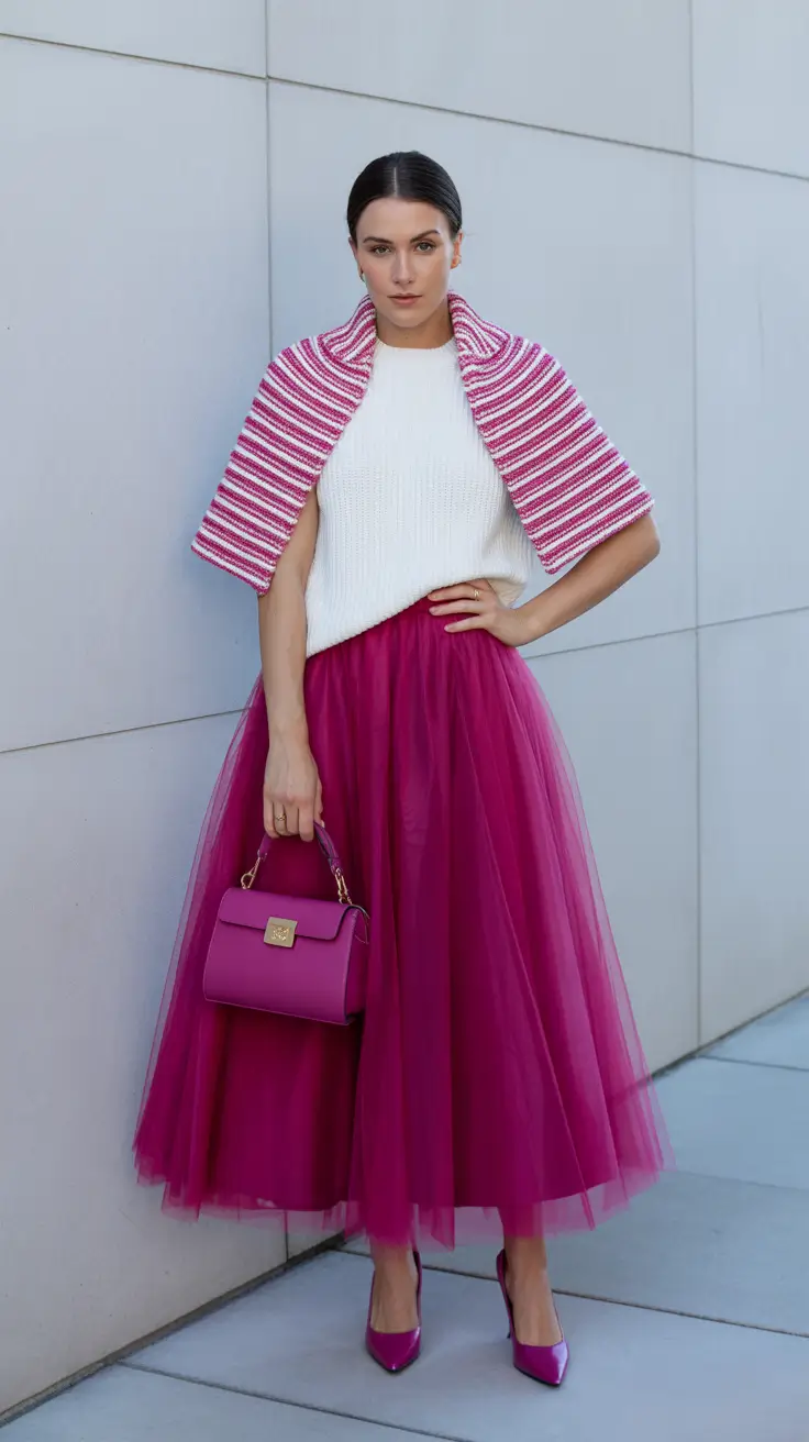 playful spring outfits 2026 trends Berry Tulle Drama With Modern Knit Accents