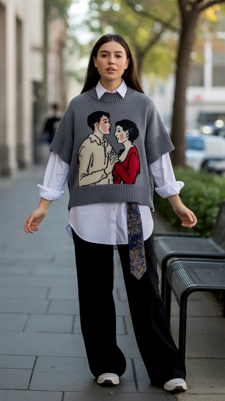 playful spring outfits 2026 trends Art-Inspired Layering With an Oversized Sweater