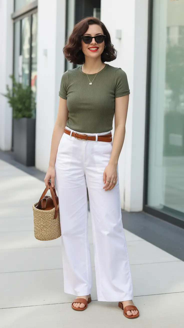 simple spring mom outfits 2026 Olive Knit and White Pants for Clean, Everyday Spring Style