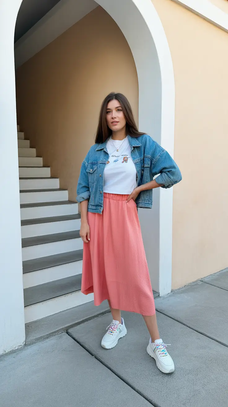 simple spring mom outfits 2026 Denim Jacket and Soft Coral Skirt for Playful Spring Comfort
