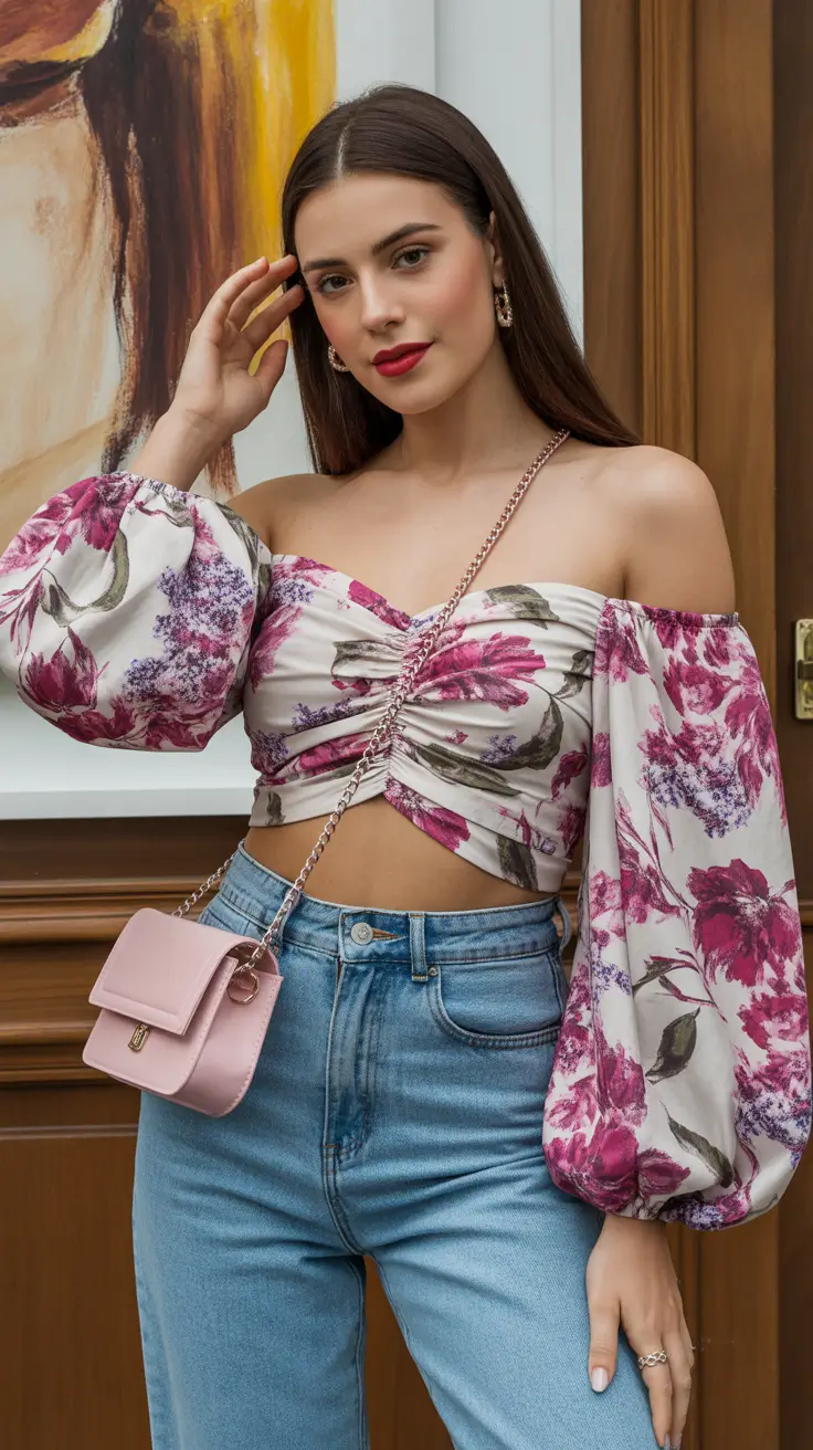 simple spring mom outfits 2026 Floral Off-Shoulder Top With Light Denim for Romantic Spring Days