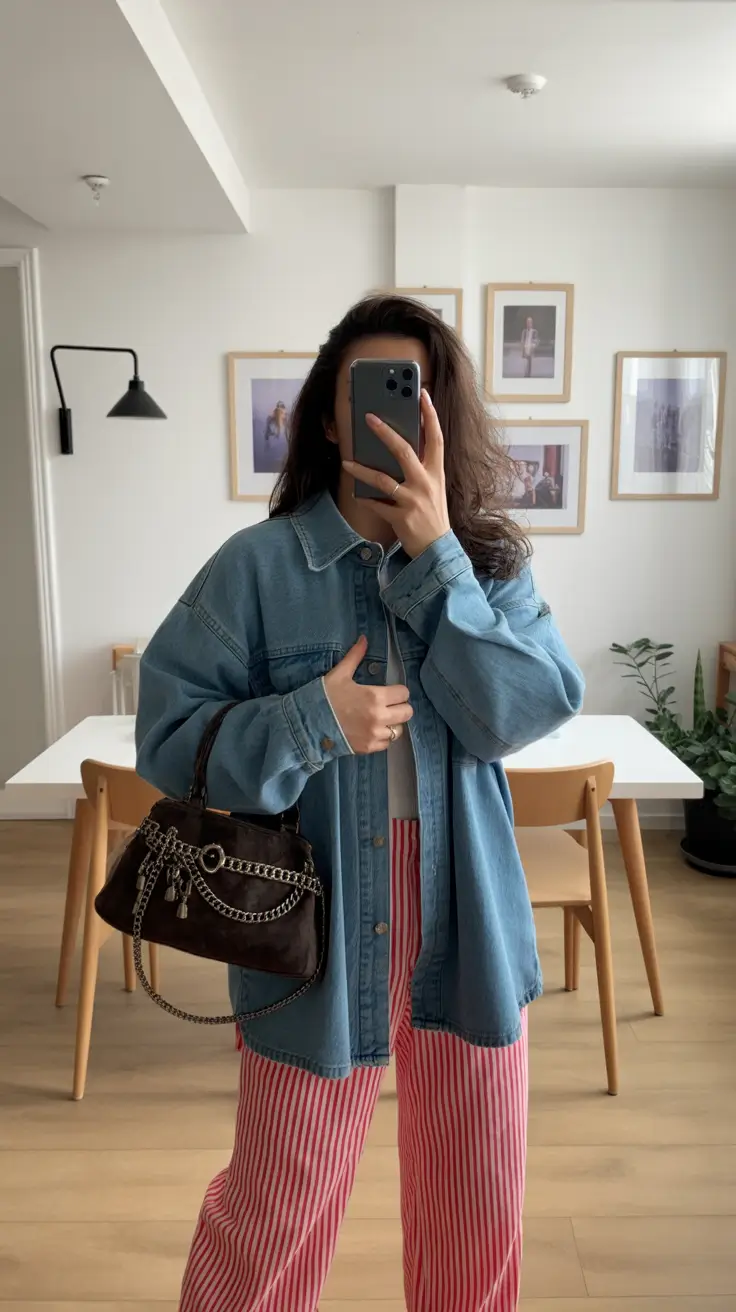 simple spring mom outfits 2026 Oversized Denim With Playful Striped Pants