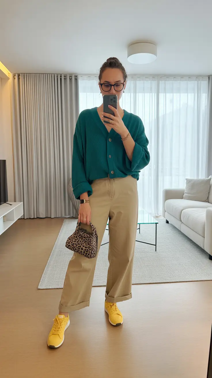 simple spring mom outfits 2026 Teal Knit & Neutral Pants With a Pop of Yellow