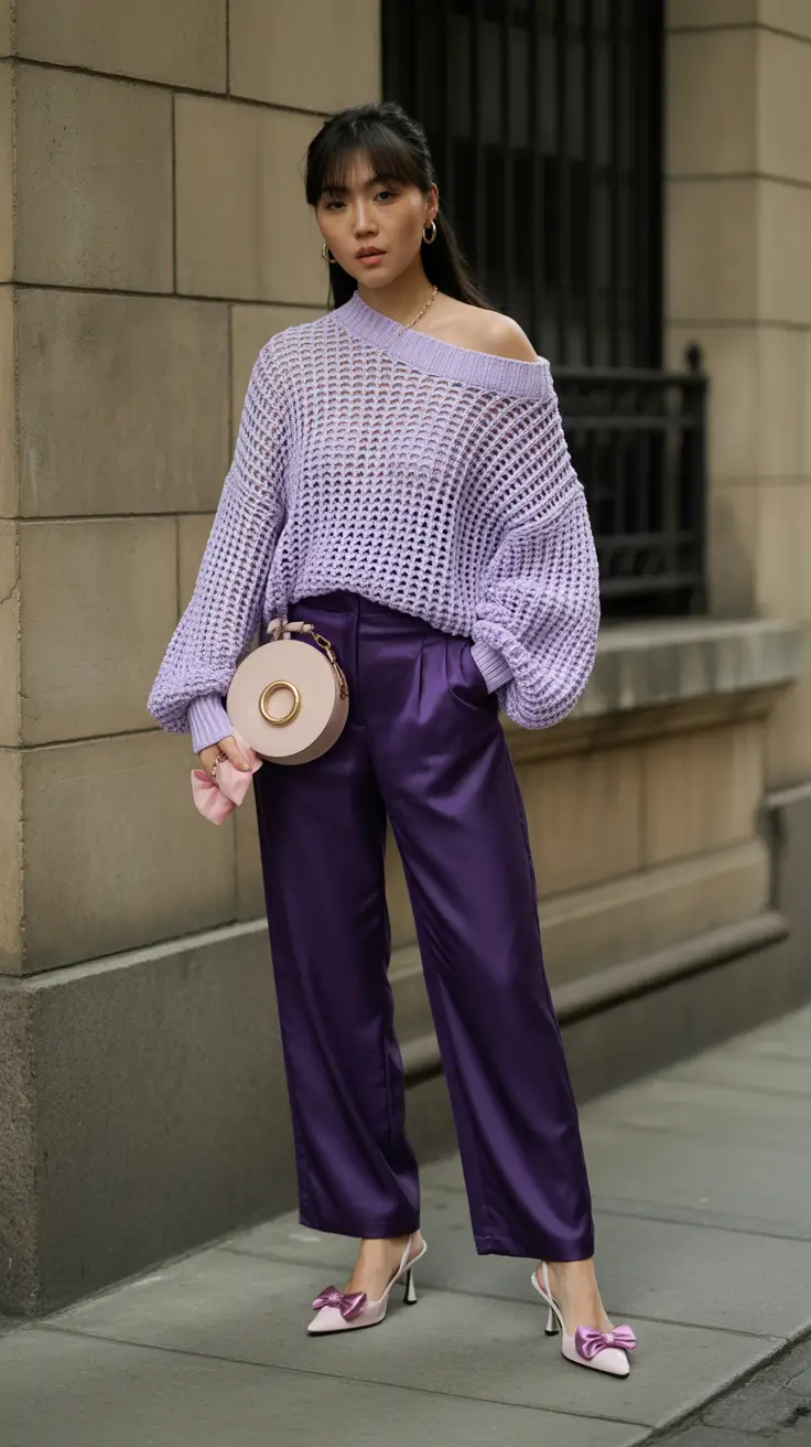 simple spring mom outfits 2026 Lavender Knit With Glossy Purple Trousers