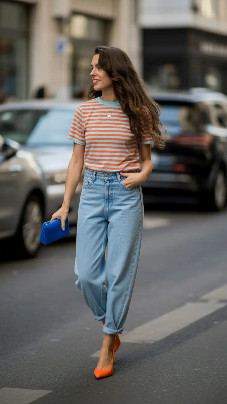 simple spring mom outfits 2026 Retro Stripes and Relaxed Denim for Everyday Ease