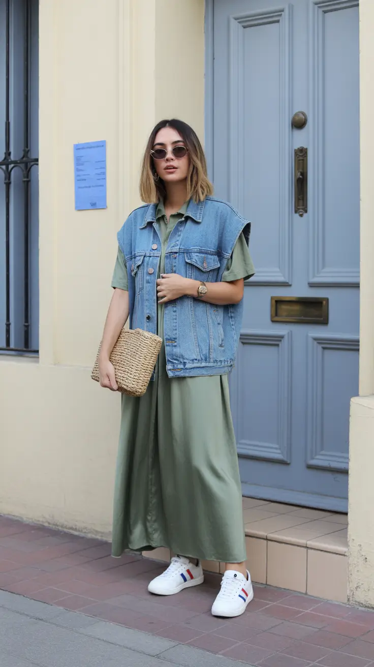 simple spring mom outfits 2026 Laid-Back Maxi Dress With a Denim Vest