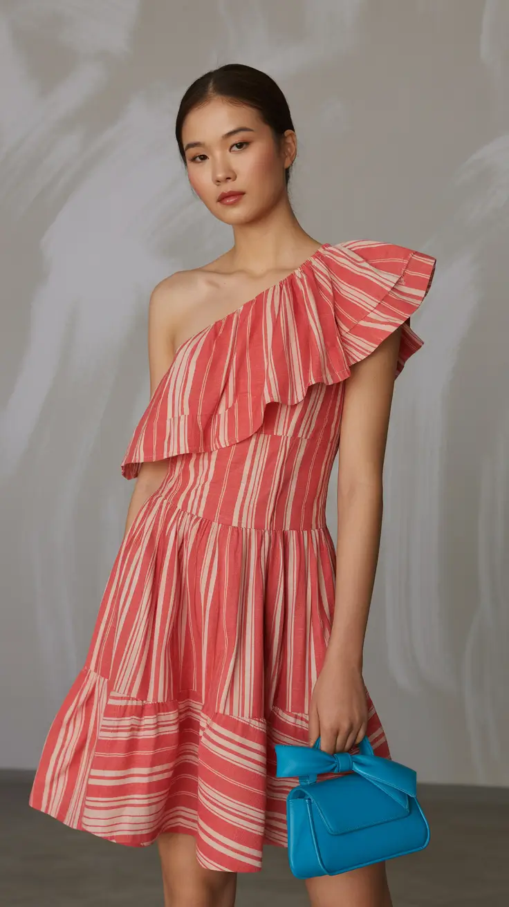 soft spring vacation outfits 2026 Striped One-Shoulder Elegance for Warm European Afternoons