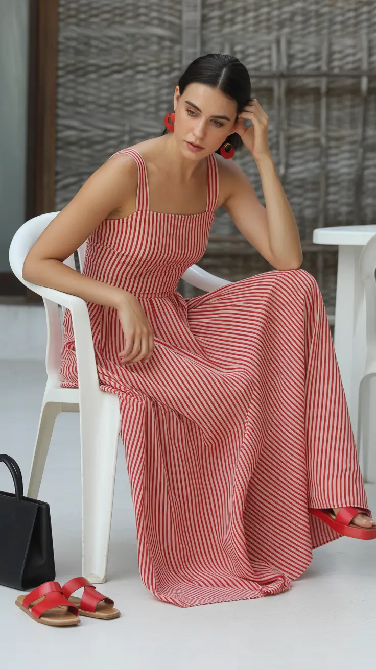 soft spring vacation outfits 2026 Striped Maxi Ease for Warm Resort Days