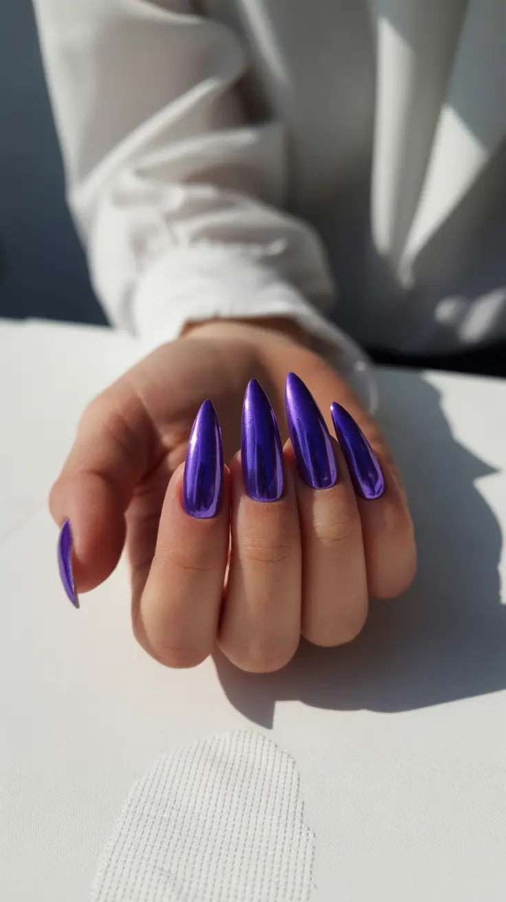 spring nail color ideas 2026 Electric Violet Chrome Almonds
