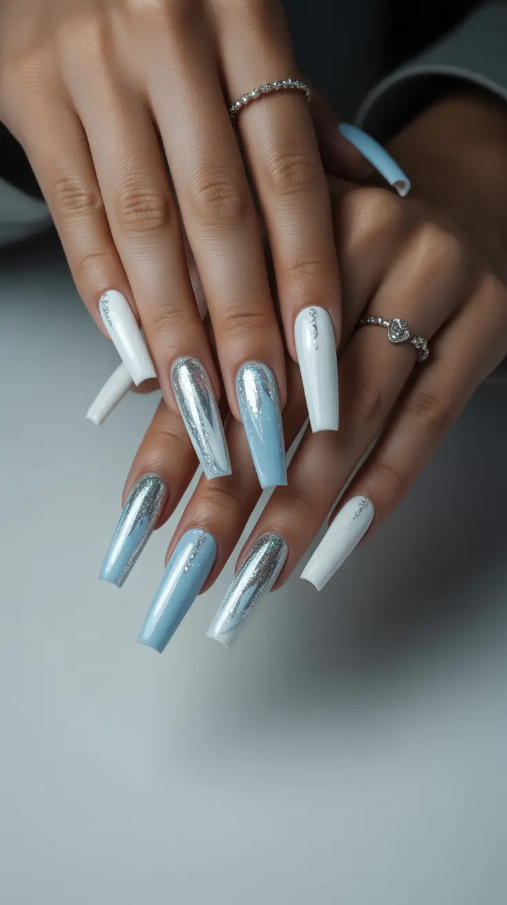 spring nail color ideas 2026 Icy Blue & Silver Chrome Blend