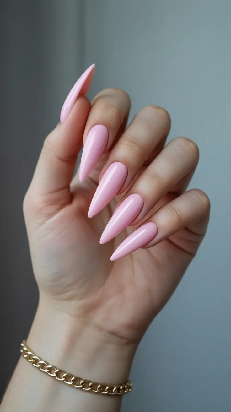 spring nail color ideas 2026 Bubblegum Pink Stiletto Glow