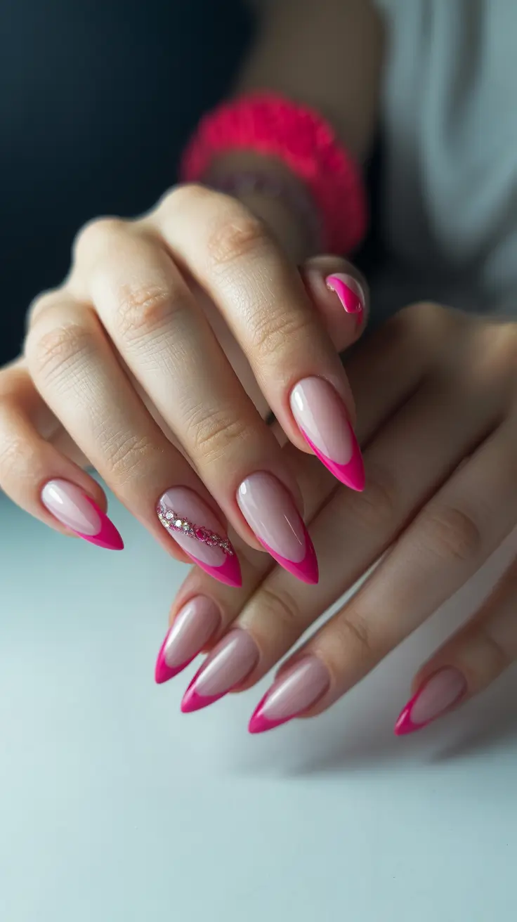 spring nail color ideas 2026 Hot Pink French With Gems