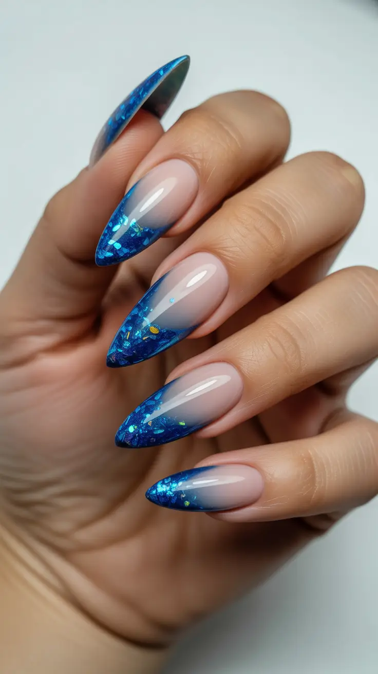 spring nail color ideas 2026 Ocean-Glaze Blue Almond Fade
