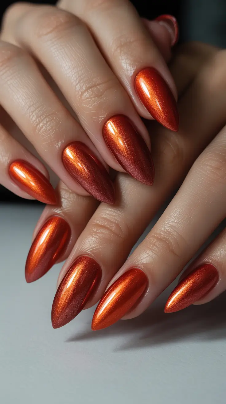 spring nail color ideas 2026 Molten Copper Chrome Almonds