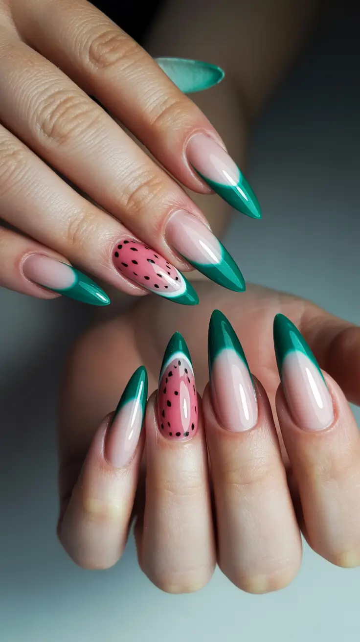 spring nail color ideas 2026 Green French Almonds Watermelon Art