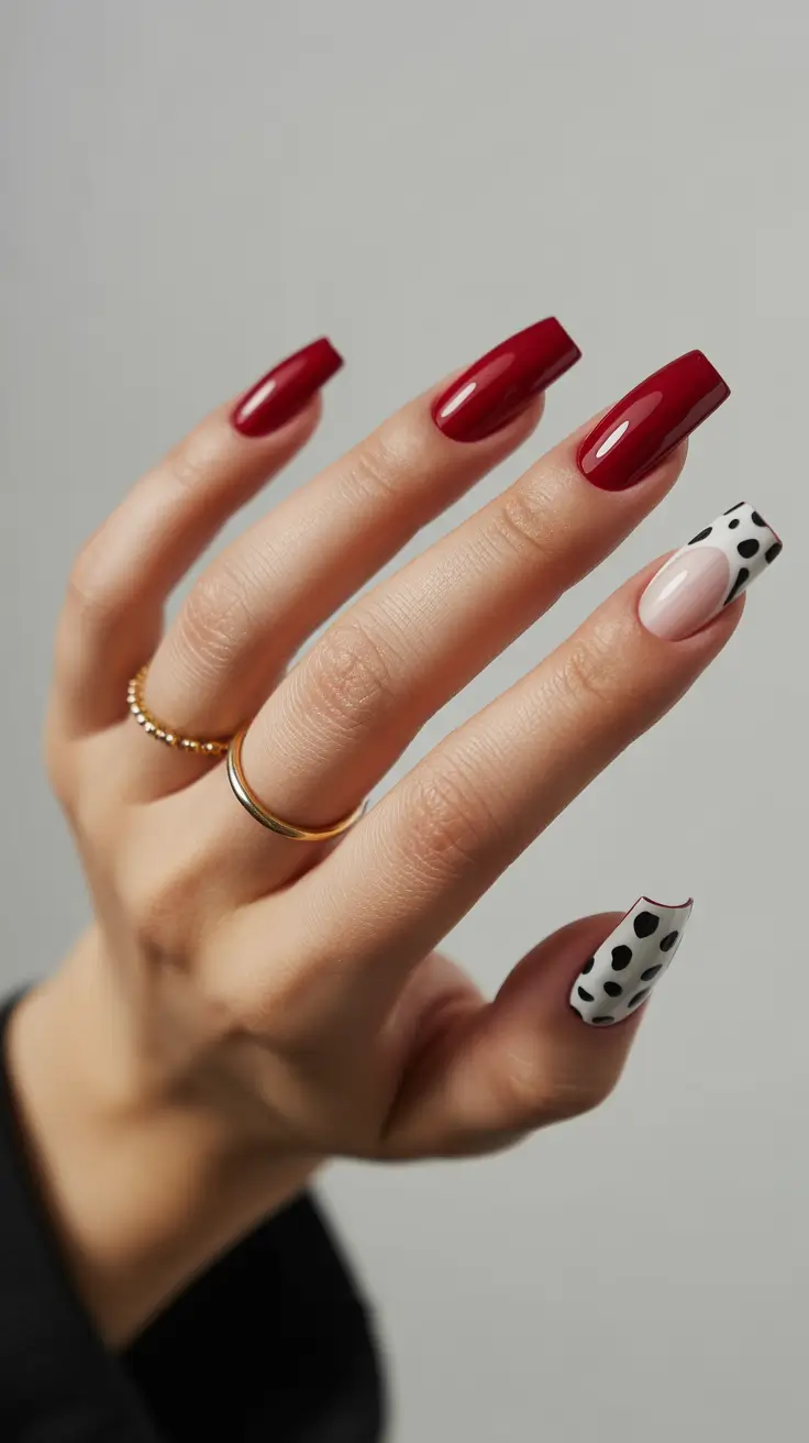 spring nail color ideas 2026 Crimson Gloss With Dalmatian Tips