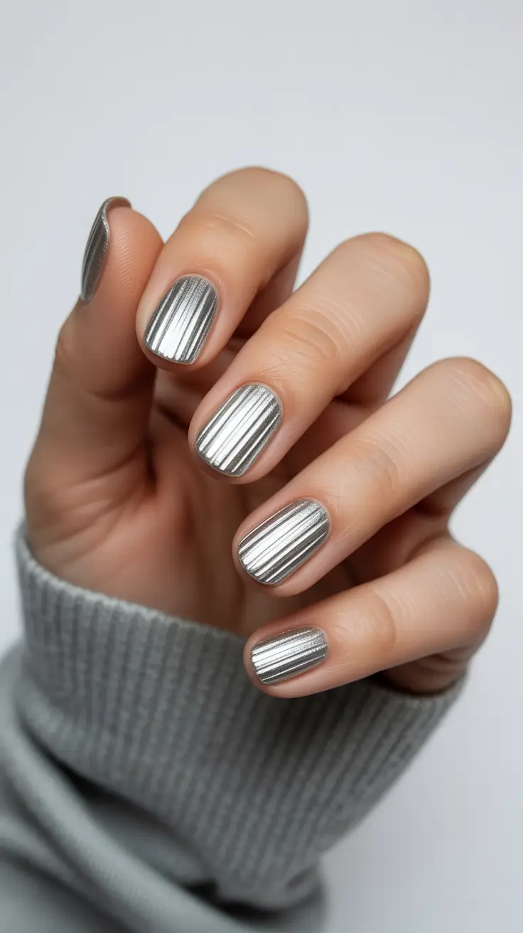 spring nail color ideas 2026 Silver Micro-Chrome Stripes