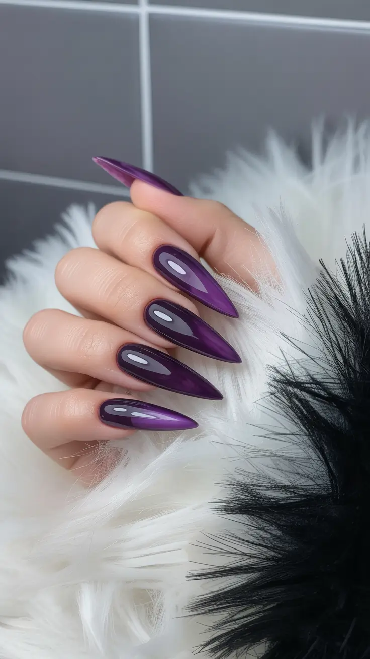 spring nail color ideas 2026 Ultra-Gloss Plum Stilettos