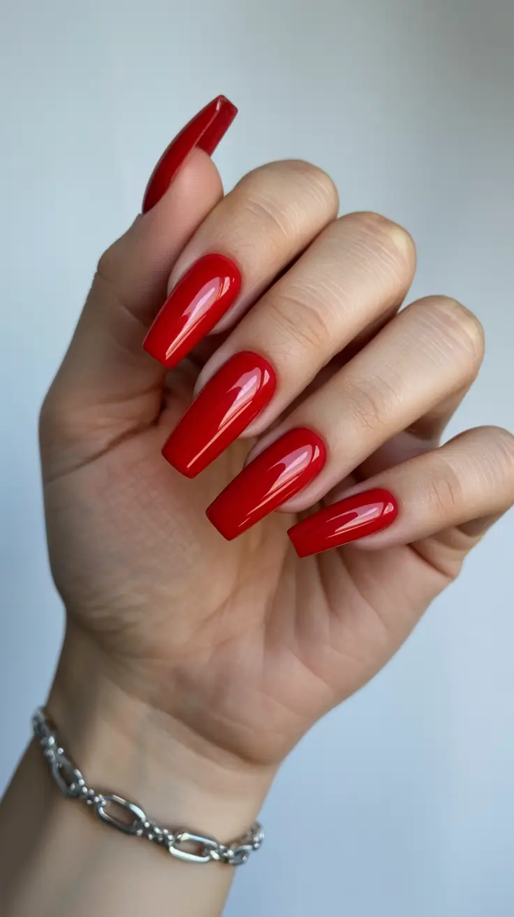 spring nail color ideas 2026 Classic Cherry-Red Coffins