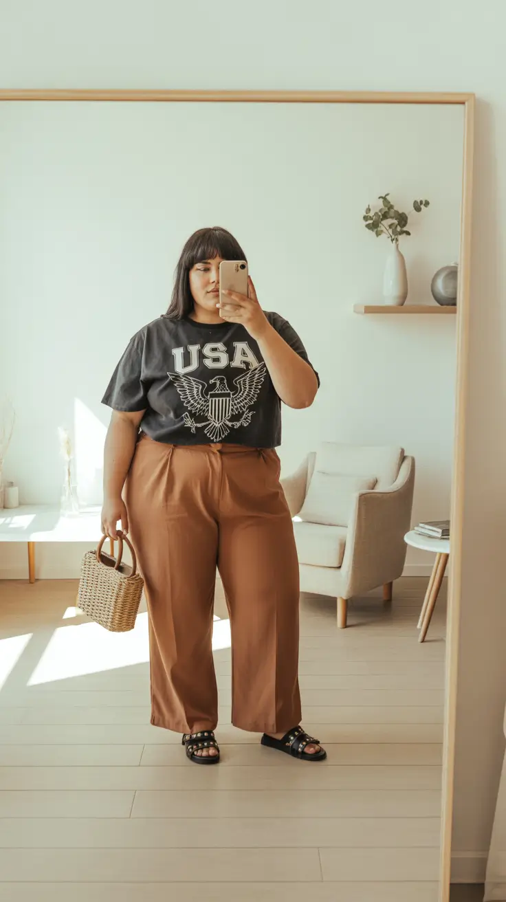 spring outfits for plus size women 2026 Graphic Tee and Tailored Trousers for Easy Spring Cool